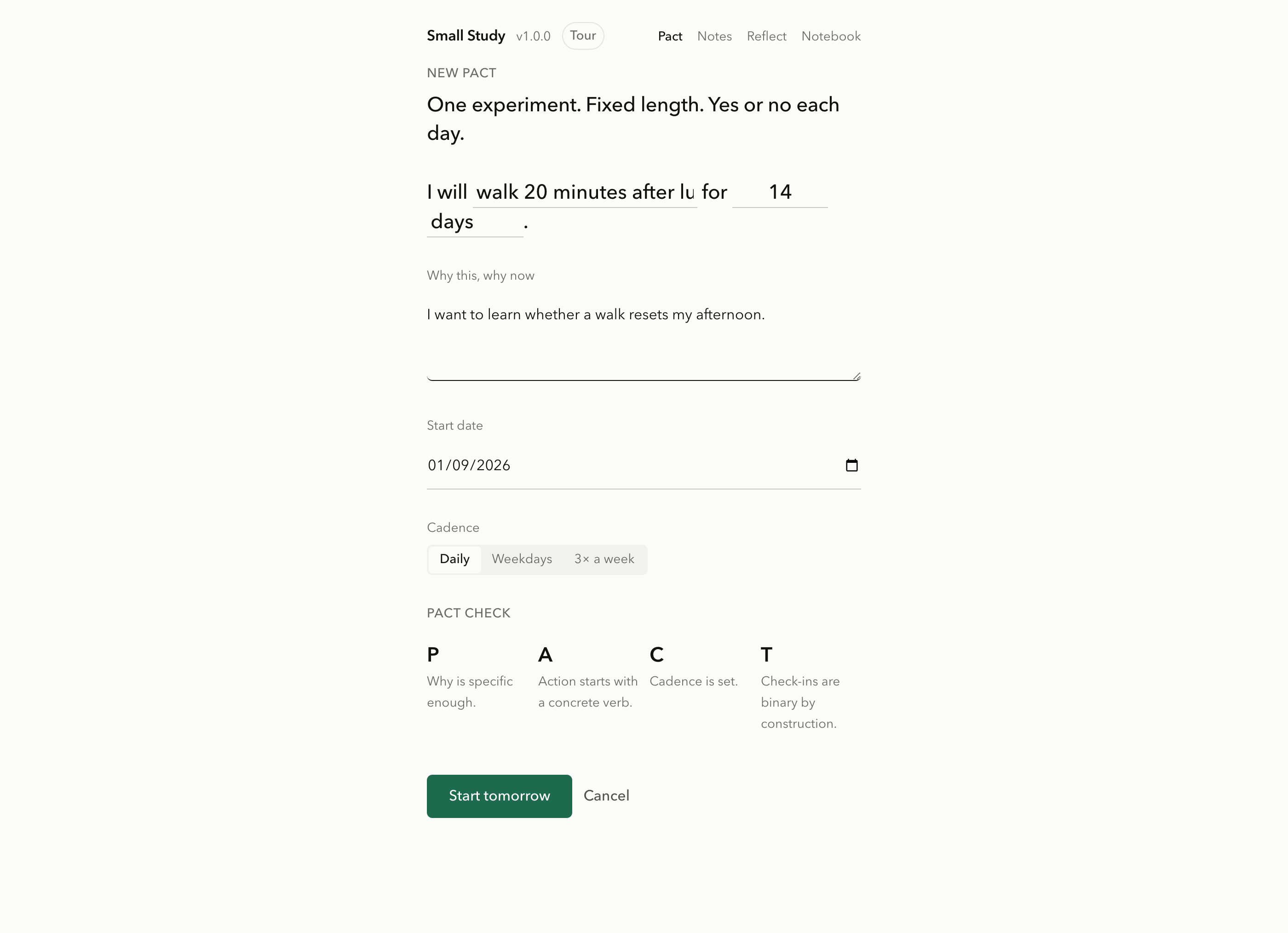 Small Study screen: Write one testable pact