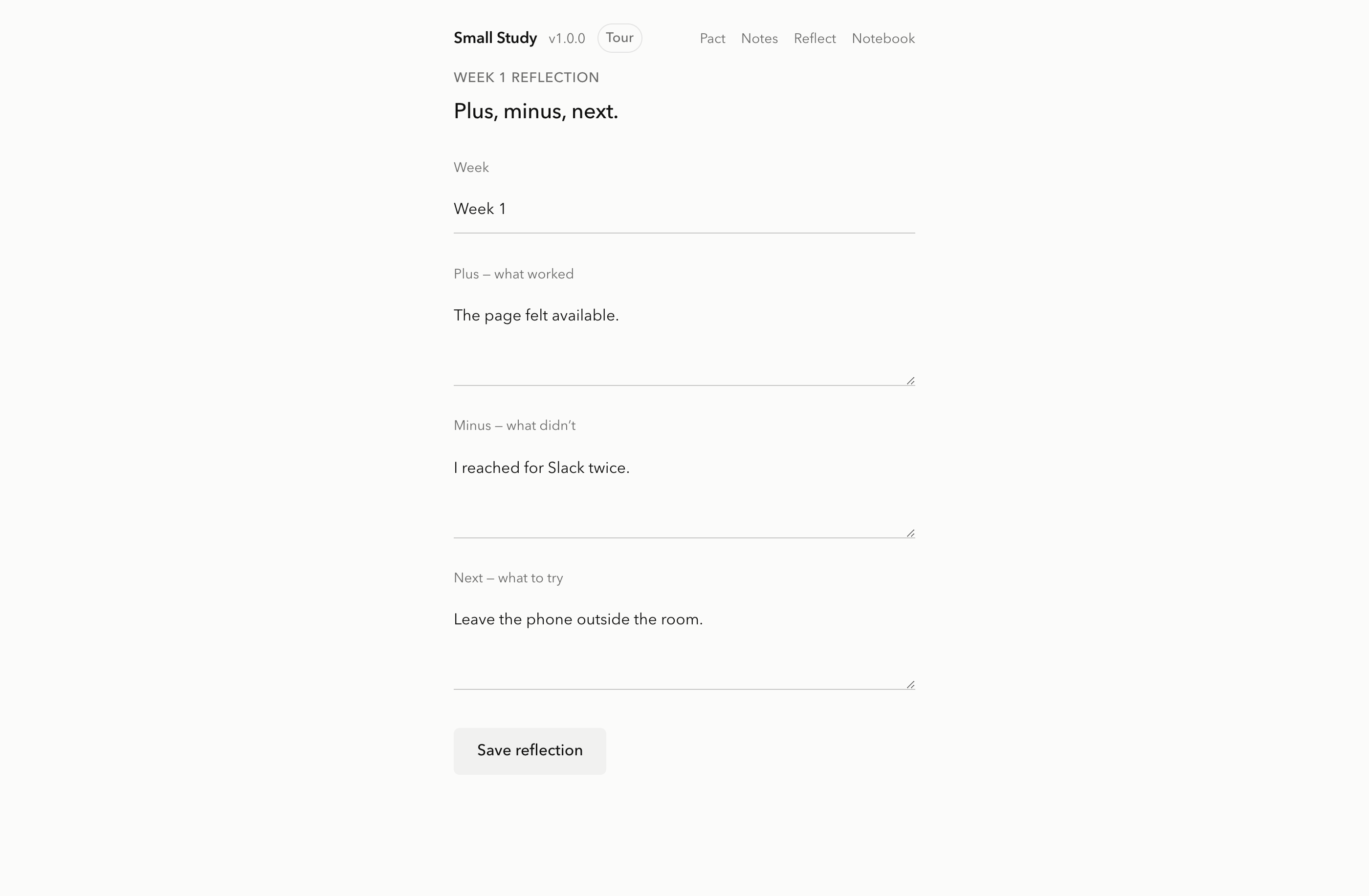 Small Study screen: Pause for Plus, Minus, Next